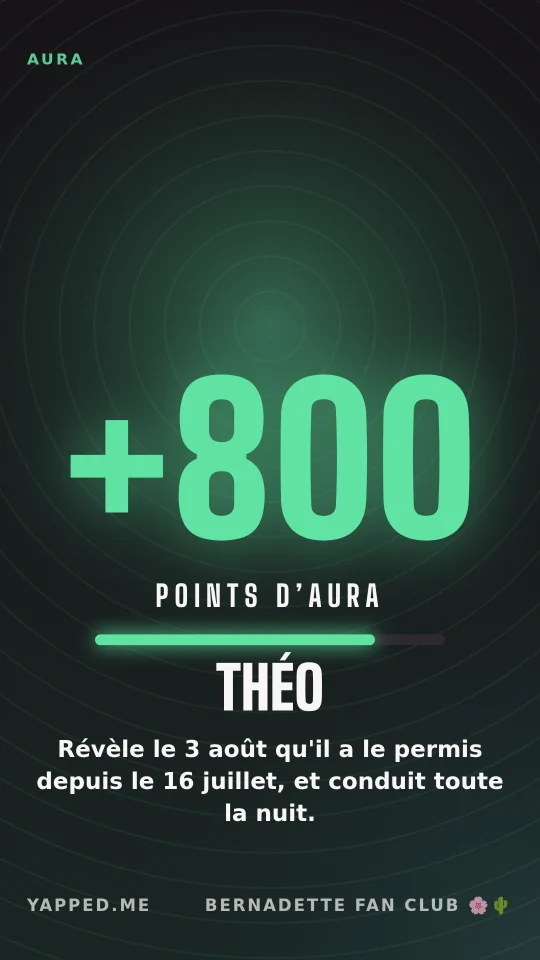 Carte aura : +800 points d’aura pour Théo, qui révèle le 3 août qu’il a le permis depuis le 16 juillet et prend le volant.
